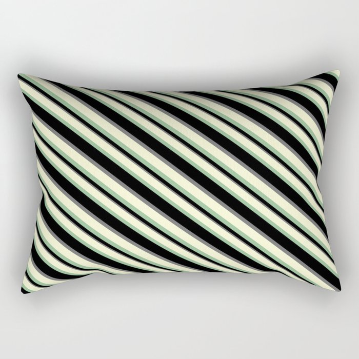 Light Yellow, Dark Sea Green, Black, and Dim Gray Colored Striped Pattern Rectangular Pillow