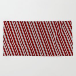 [ Thumbnail: Maroon and Dark Gray Colored Striped Pattern Beach Towel ]