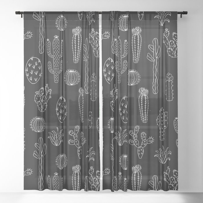 Cactus Silhouette White And Black Sheer Curtain