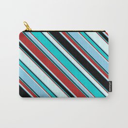 [ Thumbnail: Colorful Black, Dark Turquoise, Red, Light Cyan, and Sky Blue Colored Pattern of Stripes Carry-All Pouch ]
