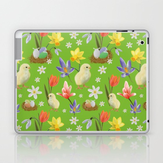 Colorful pattern with easter chicks, easter nests, tulips, daffodils, crocuses, wood anemones Laptop & iPad Skin
