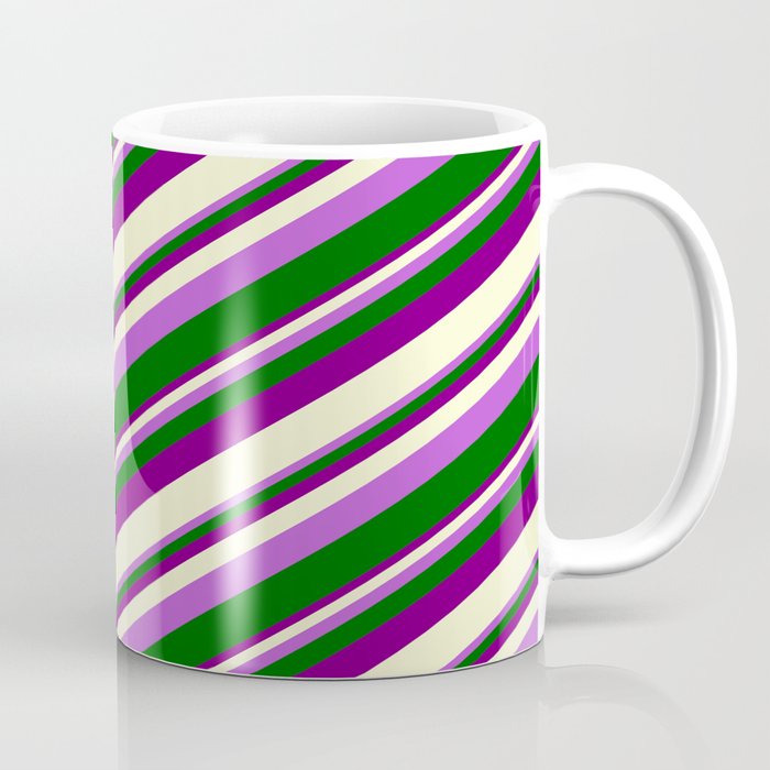Orchid, Dark Green, Purple, and Light Yellow Colored Stripes Pattern Coffee Mug