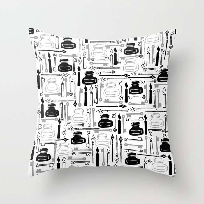 Writer pattern - pens and ink - black on white Throw Pillow