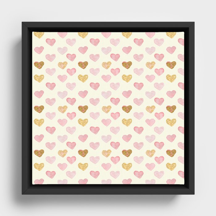 Watercolor Hearts Pattern Framed Canvas