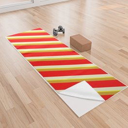 [ Thumbnail: Goldenrod, Red, Light Yellow & Yellow Colored Striped/Lined Pattern Yoga Towel ]