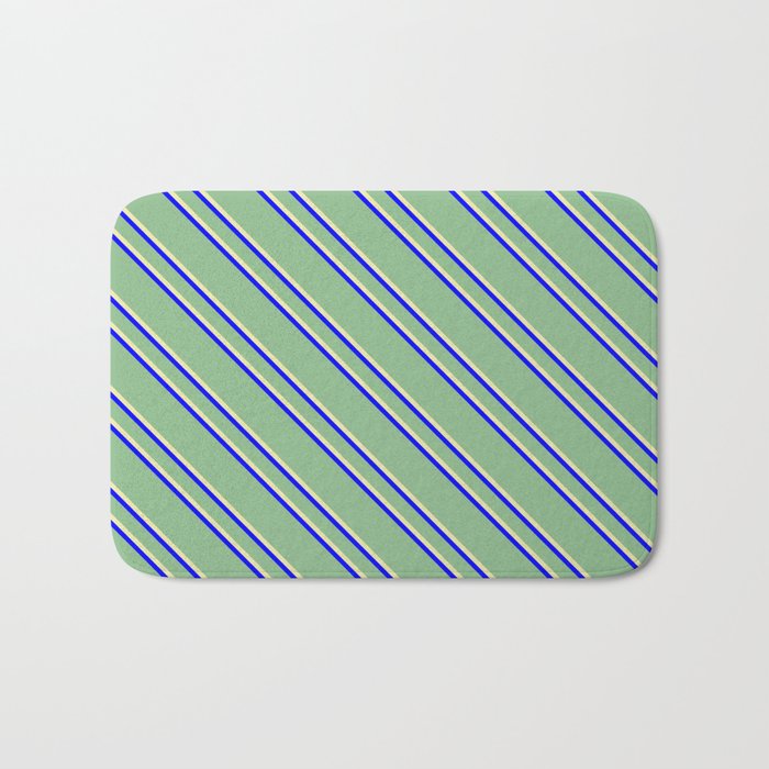 Dark Sea Green, Pale Goldenrod, and Blue Colored Striped Pattern Bath Mat