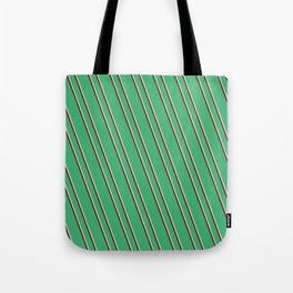 [ Thumbnail: Sea Green, Light Gray, and Maroon Colored Lined Pattern Tote Bag ]