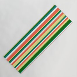 [ Thumbnail: Eyecatching Red, Tan, Dark Green, Teal, and White Colored Stripes/Lines Pattern Yoga Mat ]