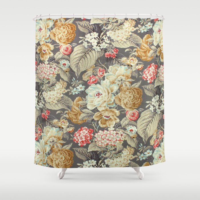 Gray Gold White Rose Pattern Shower Curtain