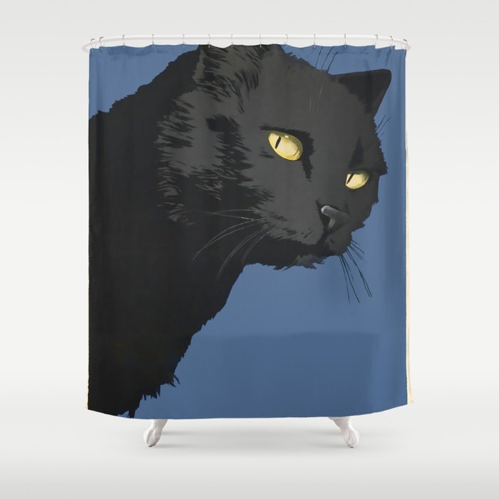 Vintage Black Cat With Yellow Eyes On Blue Background Shower Curtain