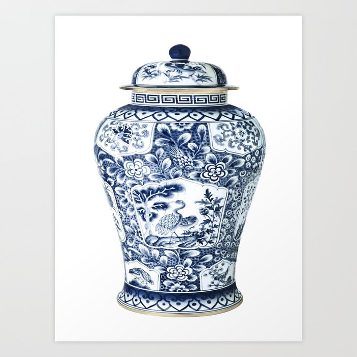Blue & White Chinoiserie Cranes Porcelain Ginger Jar Kunstdrucke Blue & White Chinoiserie Cranes Porcelain Ginger Jar Kunstdrucke