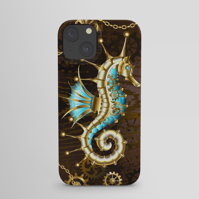 Wooden Background with Mechanical Seahorse ( Steampunk ) iPhone Case