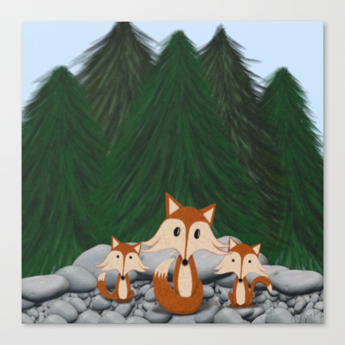 The Fox Family Canvas Print | Painting, Digital, Other, Illustration, Abstract, Fox, Foxes, Mammal, Animals, Wildlfie