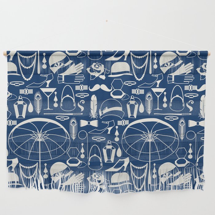 White Old-Fashioned 1920s Vintage Pattern on Navy Blue Wall Hanging