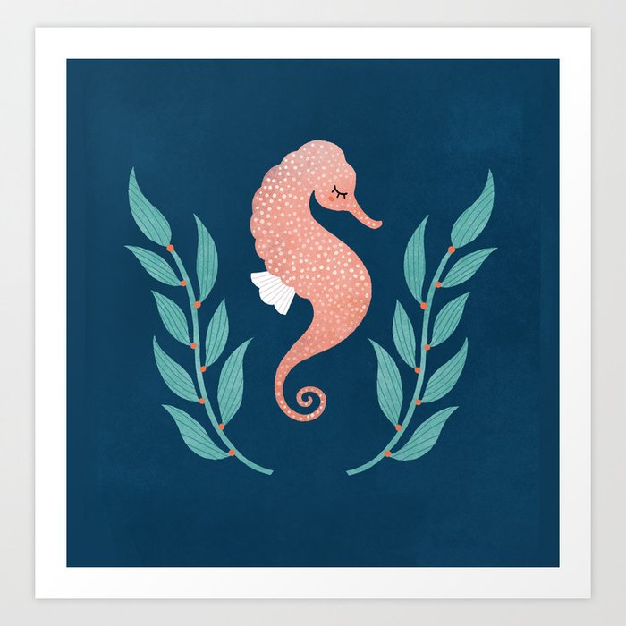 Shy Seahorse Art Print | Painting, Digital, Seahorse, Ocean, Sea, Marine-life, Illustration, Animals, Decorative, Seaweed