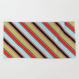 [ Thumbnail: Dark Khaki, Black, Light Blue & Red Colored Pattern of Stripes Beach Towel ]