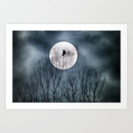 Night Raven Lit By The Full Moon Art Print