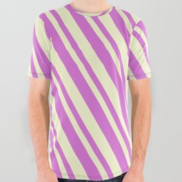 [ Thumbnail: Orchid and Light Yellow Colored Lines/Stripes Pattern All Over Graphic Tee ]