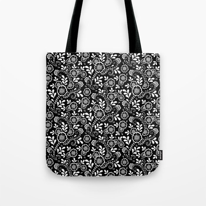 Black And White Eastern Floral Pattern Tote Bag