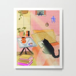 Well-Read Coffee Cat Metal Print | Curated, Illustrator, Reading, Modern, Digital, Cafe, Books, Bedroom, Contemporary, Kitty 