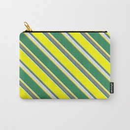 [ Thumbnail: Yellow, Gray, Sea Green, and Lavender Colored Striped Pattern Carry-All Pouch ]