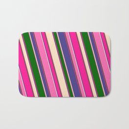 [ Thumbnail: Eye-catching Deep Pink, Dark Slate Blue, Bisque, Hot Pink, and Dark Green Colored Stripes Pattern Bath Mat ]