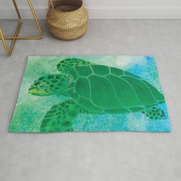 Sea Turtle Rug | Bluegreen, Swimming, Coastal, Undersea, Painting, Watercolor 