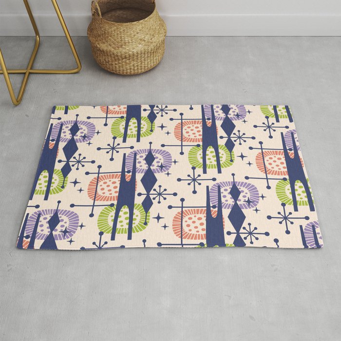 Retro Atomic Mid Century Pattern Blue Purple Green and Orange Rug