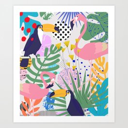 Tropical Spring | Pastel Quirky Modern Bohemian Jungle Botanical | Flamingo Palm Cockatoo Birds Art Print