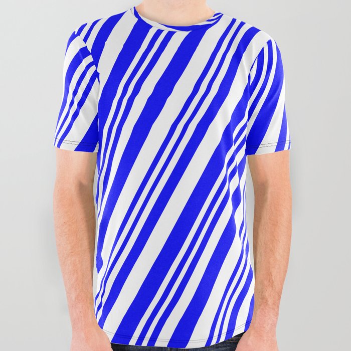 Blue & White Colored Striped/Lined Pattern All Over Graphic Tee