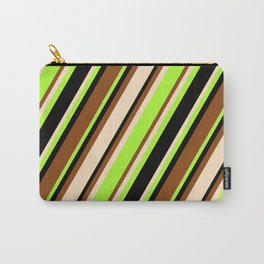 [ Thumbnail: Brown, Bisque, Light Green, and Black Colored Striped Pattern Carry-All Pouch ]