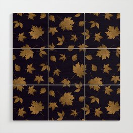 Abstract black gold glitter autumn maple leaves floral Wood Wall Art