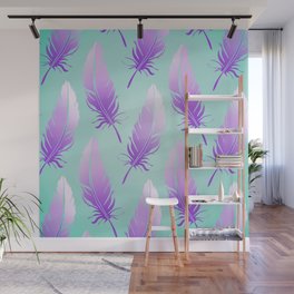 Delicate Feathers (violet on mint) Wall Mural