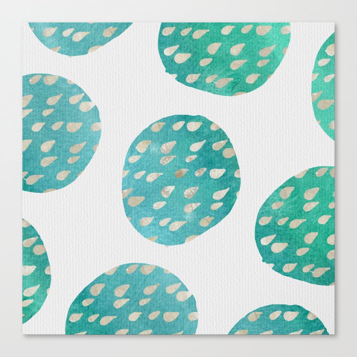 Geometric Teal Green Watercolor Dots Gold Waterdrops Pattern Canvas Print