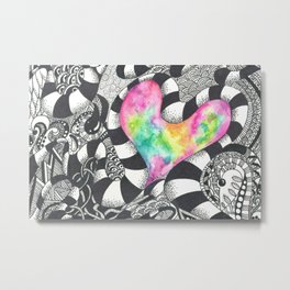 Watercolor Heart with Black and White Doodles Metal Print