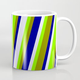 [ Thumbnail: Chartreuse, Green, Dark Blue & Lavender Colored Stripes/Lines Pattern Coffee Mug ]