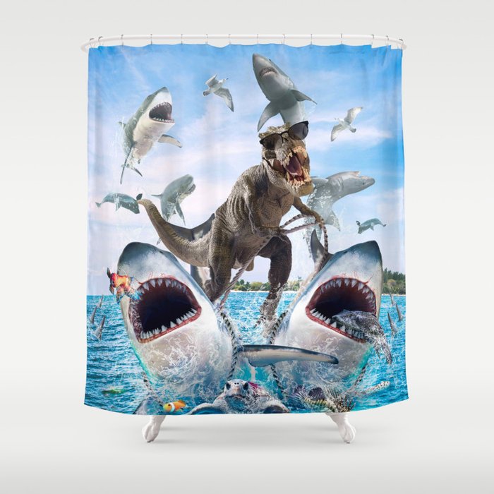Dinosaur Riding Sharks Shower Curtain By Random Galaxy Society6