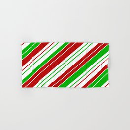 [ Thumbnail: Festive, Fun Christmas Inspired Red, White & Green Colored Striped/Lined Pattern Hand & Bath Towel ]