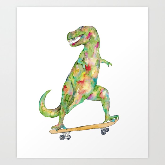 T-rex skateboard dinosaur painting watercolour Art Print