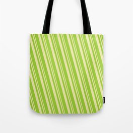 [ Thumbnail: Pale Goldenrod & Green Colored Lines Pattern Tote Bag ]