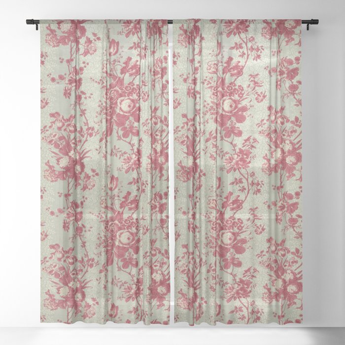 Antique Pink and Grey Floral Chintz Sheer Curtain