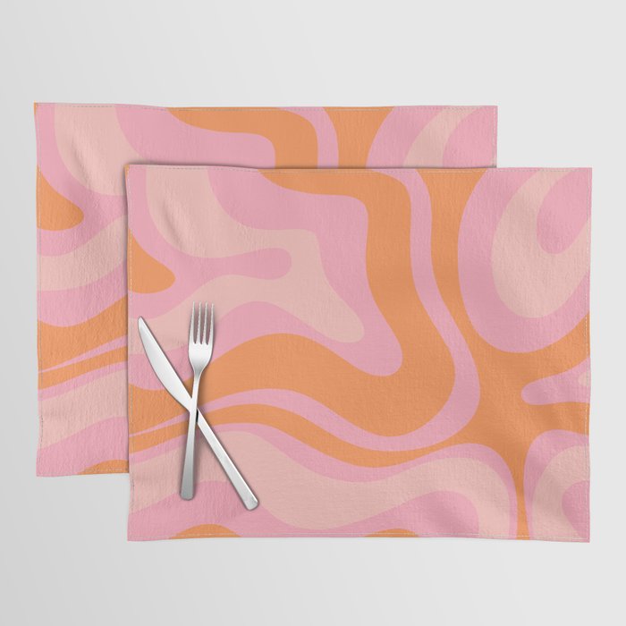 Modern Liquid Swirl Abstract Pattern Square in Retro Pink and Orange Placemat