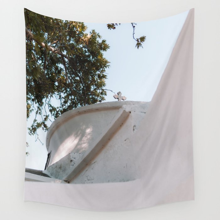 Minimalistic Greek Scenery | White Church Building in the Summer Sun | Cycladic Architecture | Travel Photography on Naxos, Greece Wall Tapestry