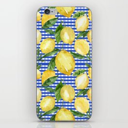 Sunny lemons on blue check pattern iPhone Skin