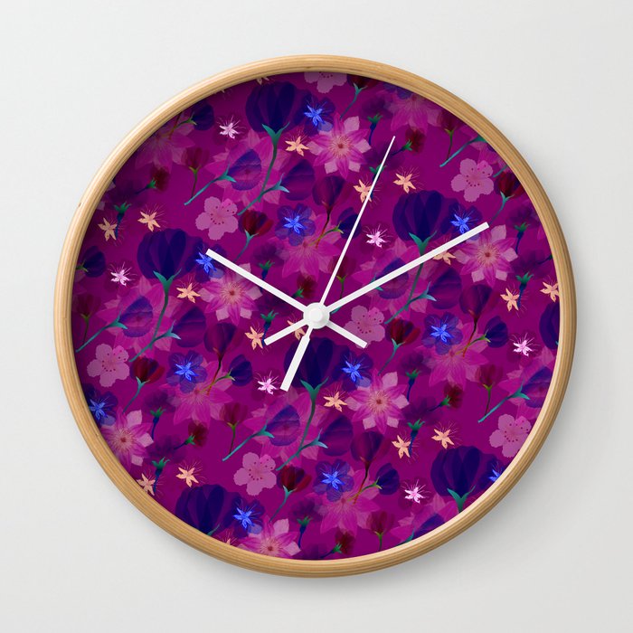 A Floral Garden in the Neon Purple Colors Wall Clock
