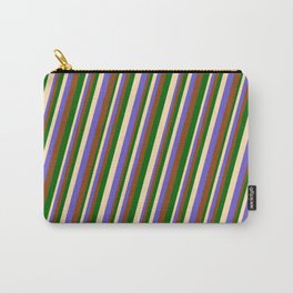 [ Thumbnail: Beige, Slate Blue, Brown, and Dark Green Colored Lines/Stripes Pattern Carry-All Pouch ]