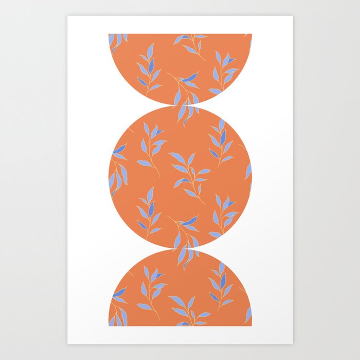 Dancing Blue Leaves - Leaf Pattern On Orange Backdrop Art Print