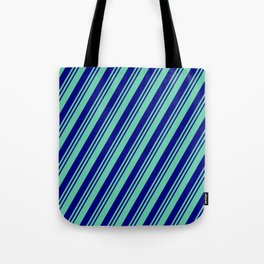 [ Thumbnail: Aquamarine and Blue Colored Lined Pattern Tote Bag ]