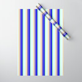 [ Thumbnail: Eye-catching Light Green, Blue, Slate Blue, Tan & Light Cyan Colored Striped/Lined Pattern Wrapping Paper ]