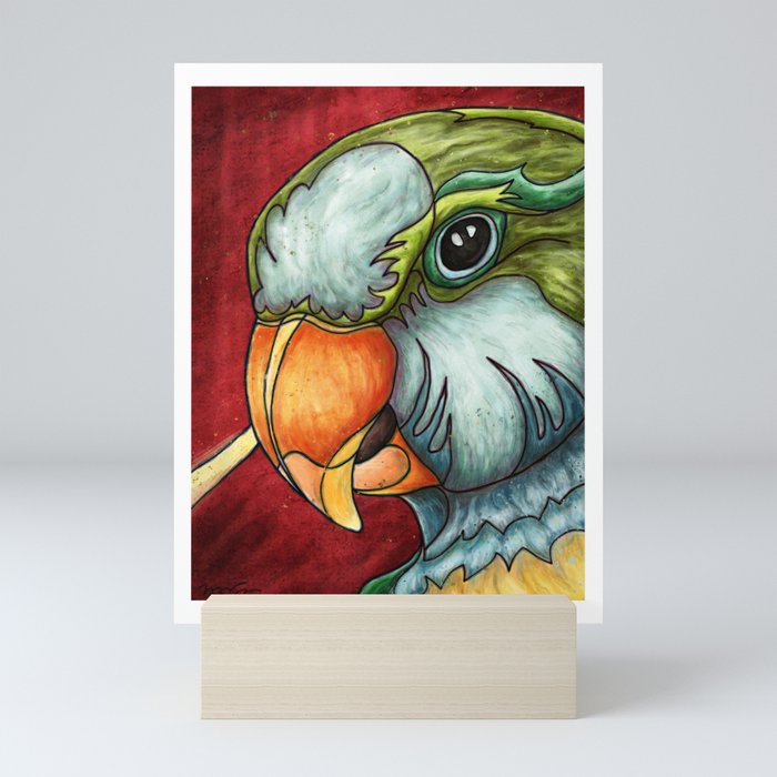 Bright quaker parrot portrait, cute monk parakeet painting Mini Art Print